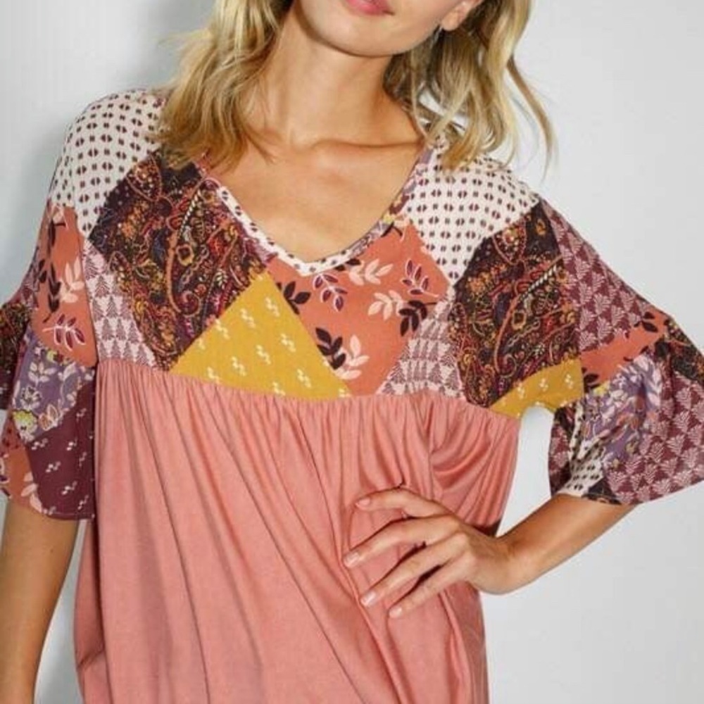 Like New, Luna, Patchwork, Babydoll Blouse - Size Small